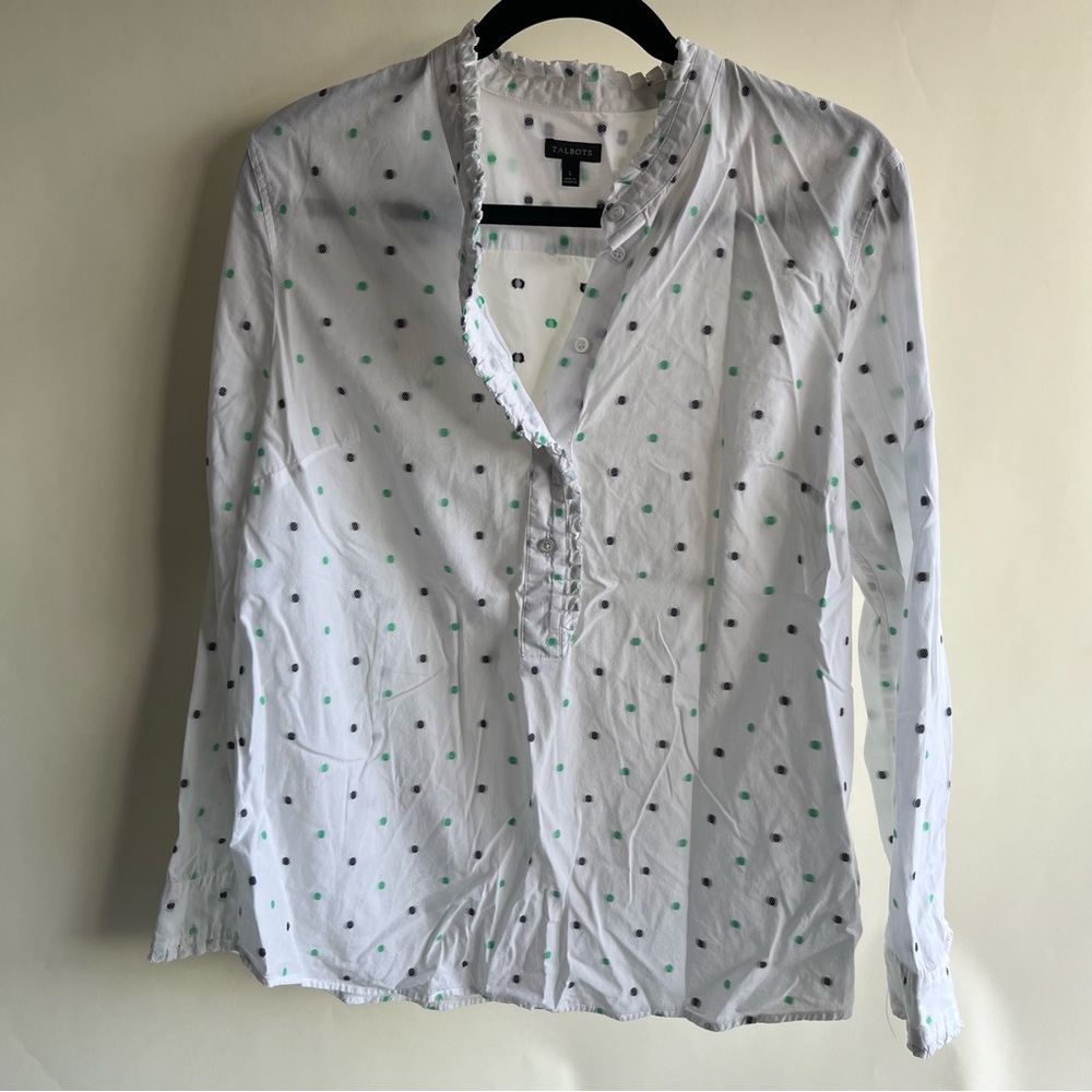 Talbots White Cotton Popover Blouse with Green and Navy Polka Dots